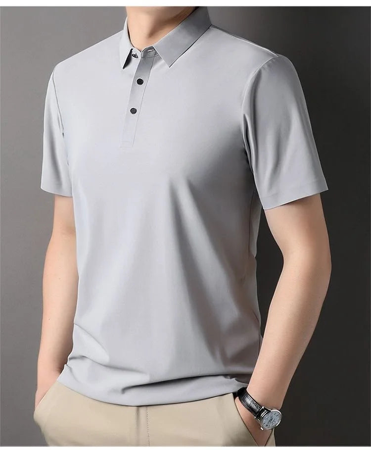 High quality wrinkle resistant ice silk short sleeve t-shirt men's summer Lapel loose casual solid color top high-end polo men
