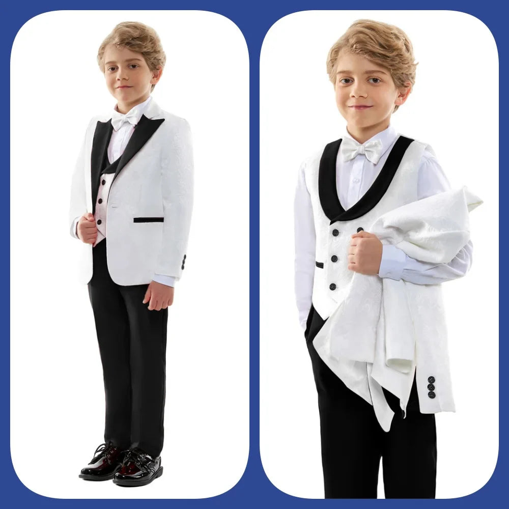 Elegant Textured White and Black Children Formal Suit Flower Boy Tuxedo for Wedding and Birthday Blazer Vest Pants Bow Tie