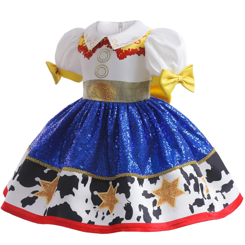 Girl's Sequin Bubble Sleeves Princess Dress 2025 New Baby Bow Knot Contrast Color Fluffy Dress Carnival Performance Dress