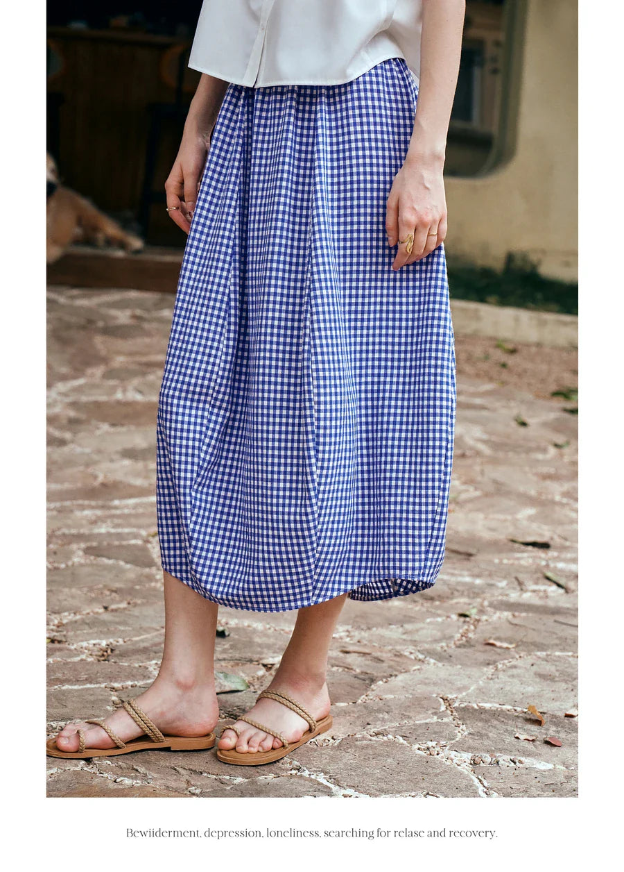 Women's Summer 2026 Midi Elastic Waistband Skirt Elegant Office Ladies Blue Plaid BUD Skirt Female Clothes O57XB99598