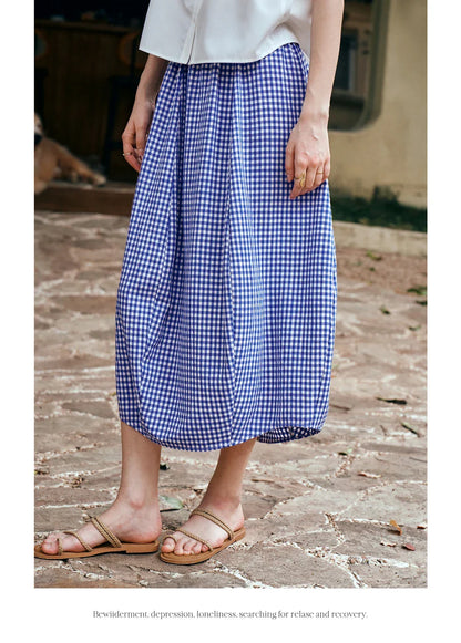 Women's Summer 2026 Midi Elastic Waistband Skirt Elegant Office Ladies Blue Plaid BUD Skirt Female Clothes O57XB99598