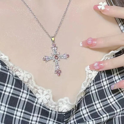 Crystal Cross Pendant Necklace for Women Girls  Shiny Sweet Chain Punk Party Fashion Pendant Fashion Y2K Jewelry Accessories