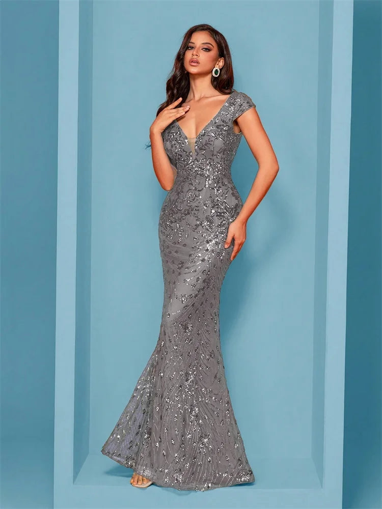 Elegant Champagne Evening Dress For Women Long 2024 Luxury Mermaid Formal Sequins Prom Wedding Party Cocktail Dresses