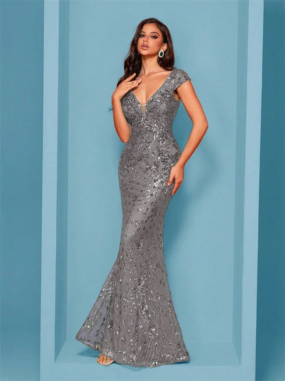 Elegant Champagne Evening Dress For Women Long 2024 Luxury Mermaid Formal Sequins Prom Wedding Party Cocktail Dresses