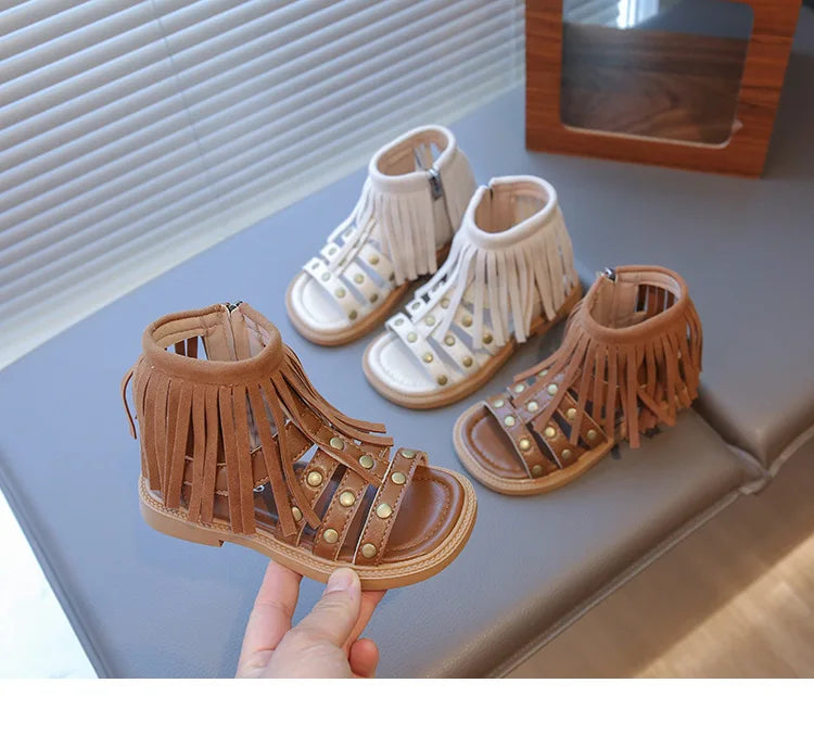 England Style Fashion Tassel Sandals Summer New Side Zipper Rivet High-top Sandals Student Beige Brown Roman Shoes Fringe I05235
