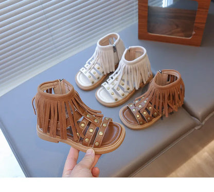 England Style Fashion Tassel Sandals Summer New Side Zipper Rivet High-top Sandals Student Beige Brown Roman Shoes Fringe I05235