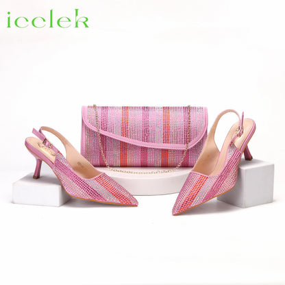 Italian Design African Women's High Heels Pointed Toe Sandals Party Wedding Party Magenta Color Shoes and Bags Set