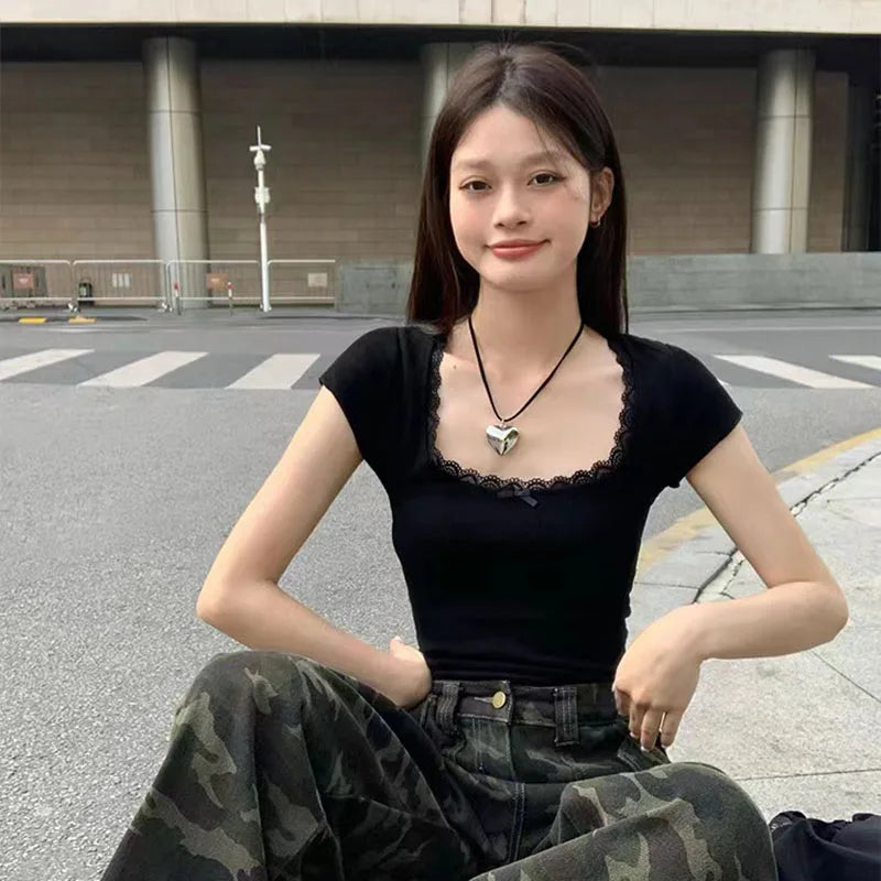 Y2k Lace Patchwork Crop T-shirt Women Vintage Streetwear Sexy Slim U Neck Tops Female Harajuku Korean Bow Chic Bottoming Tees