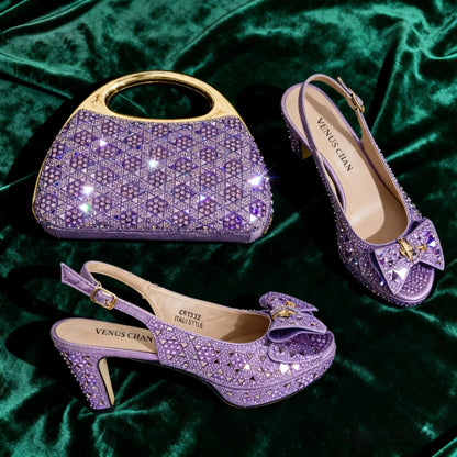 Elegant Italian Women's Party Shoe and Bag Set – Chic Champagne Rhinestone Peep-Toe High Heel Sandals Perfect for Weddings