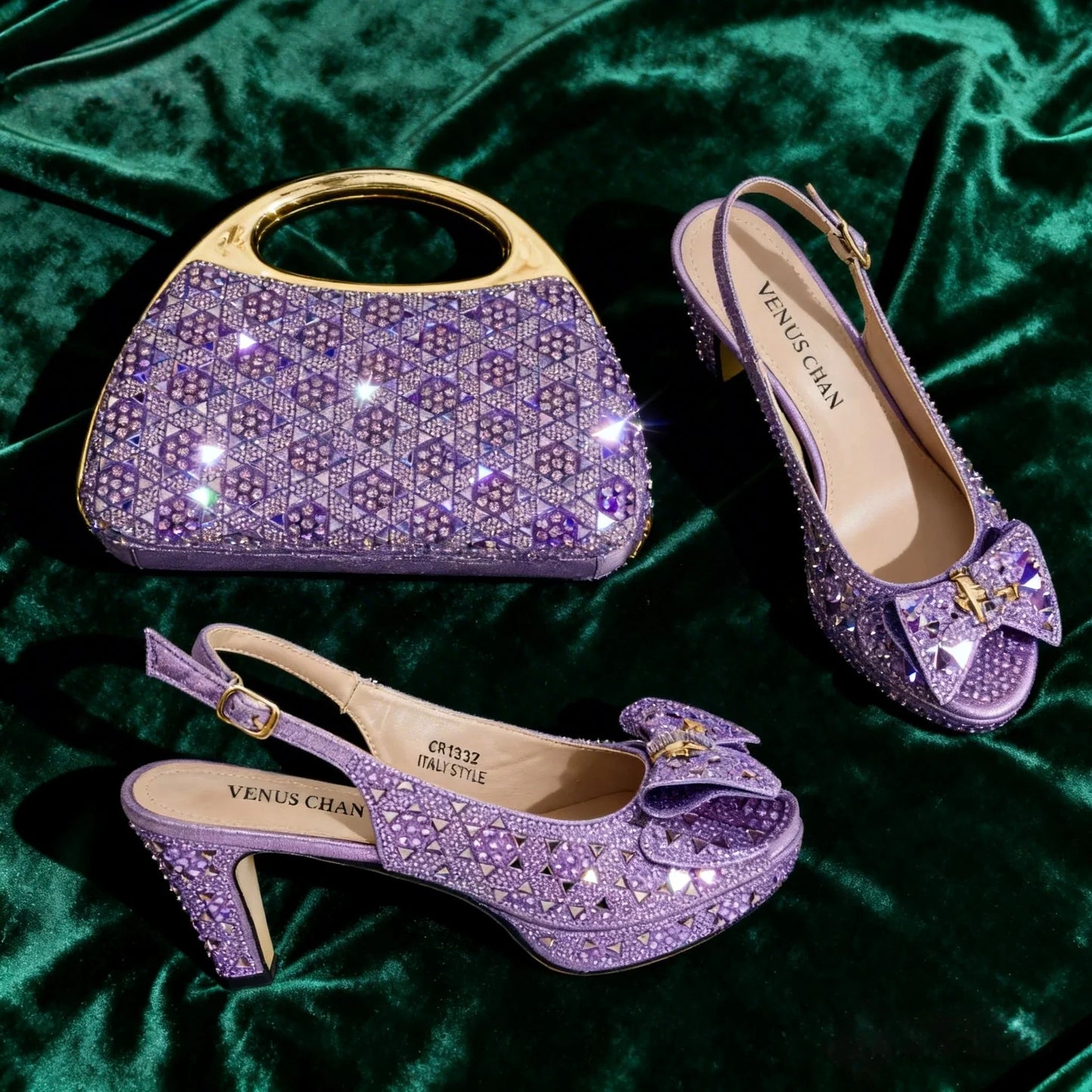 Elegant Women's Rhinestone Peep Toe High Heels Sandals - Italian Design with Matching Blue Handbag