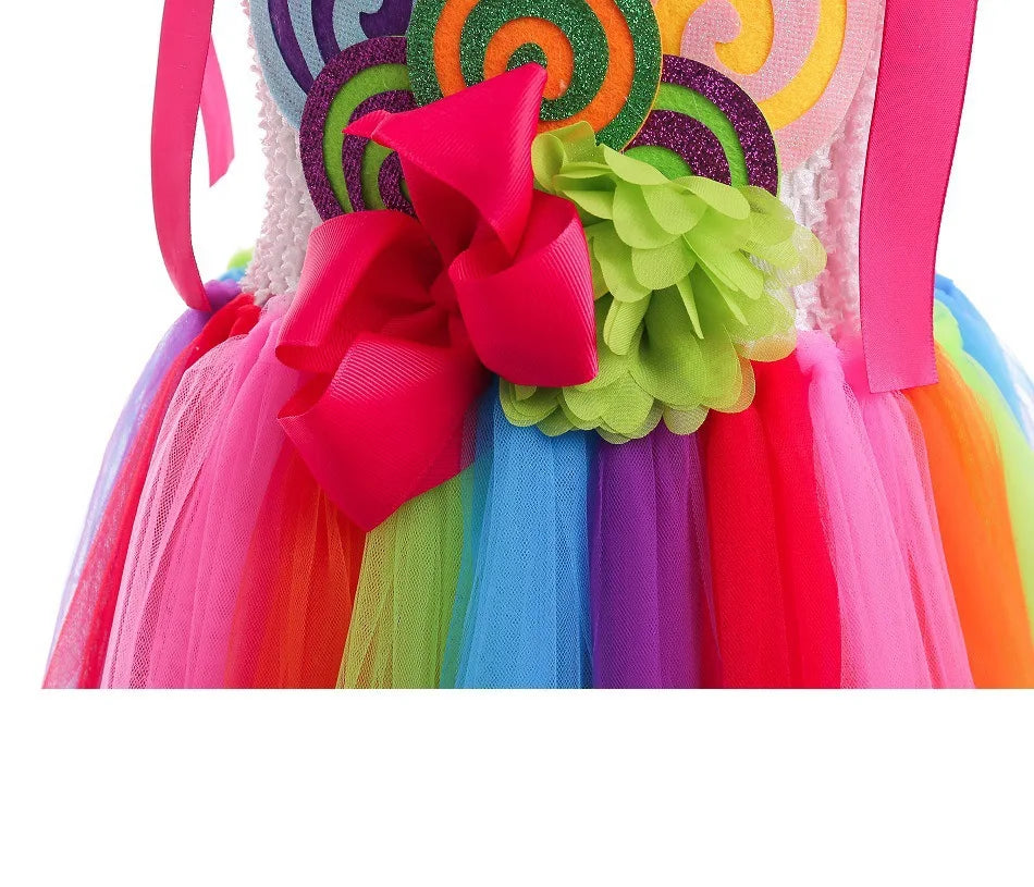 2026 New Candy Dress For Baby Girl Purim Carnival Birthday Costume Fancy Rainbow Short Sleeve Cute Dress + Accessories Set