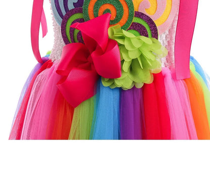 2026 New Candy Dress For Baby Girl Purim Carnival Birthday Costume Fancy Rainbow Short Sleeve Cute Dress + Accessories Set