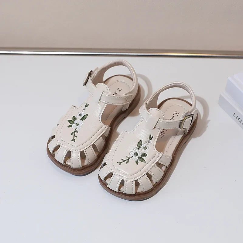Traditional Chinese Embroidery Kids Shoes for Girl Sandals Summe Retro Princess Shoes Roman Style Girls Leather Shoes Kid F05173
