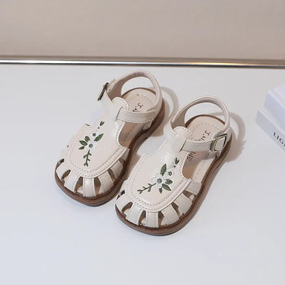 Traditional Chinese Embroidery Kids Shoes for Girl Sandals Summe Retro Princess Shoes Roman Style Girls Leather Shoes Kid F05173