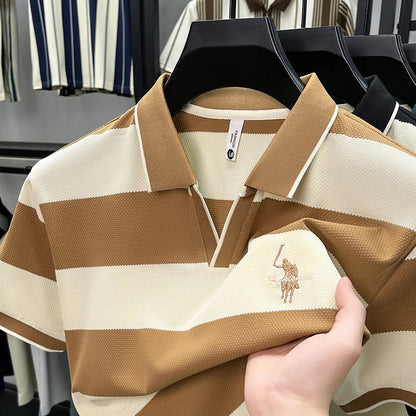 High End Embroidered Polo Shirt for Men, 2026 New Summer Striped Men's Short Sleeved T-shirt, Pure Cotton Lapel Half Sleeved Top