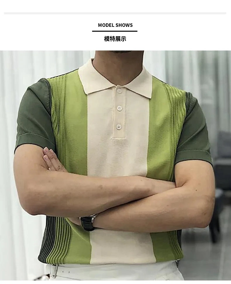 Summer Men's Clothing Luxury Knit Short Sleeve Polo Shirt Retro Button-down Patchwork Popular Fashion Business Leisure Knitwear