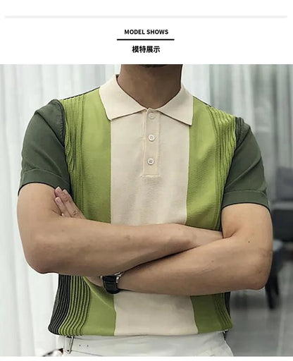 Summer Men's Clothing Luxury Knit Short Sleeve Polo Shirt Retro Button-down Patchwork Popular Fashion Business Leisure Knitwear