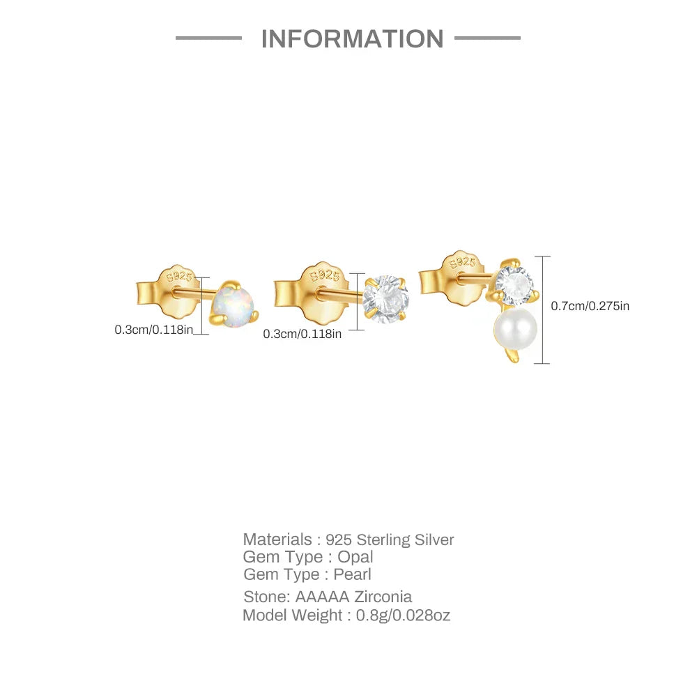 925 Sterling Silver 3pcs/set Cute Chians Stud Earrings Set Fashion Zircon Crystal Women Girls Gift Fine Jewelry Set