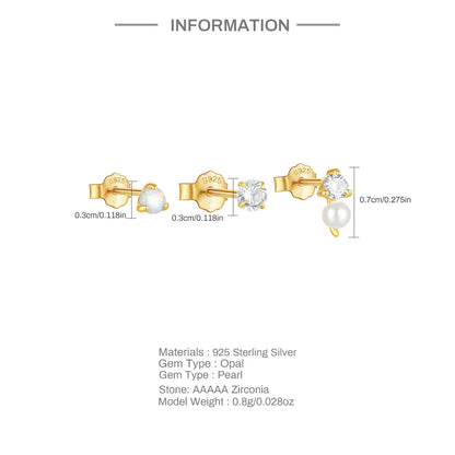 925 Sterling Silver 3pcs/set Cute Chians Stud Earrings Set Fashion Zircon Crystal Women Girls Gift Fine Jewelry Set