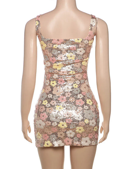Colorful Flower Print Mini Dress Women Sequins Patchwork Skinny Backless Sleeveless Vacation Trend Elegant Outfits