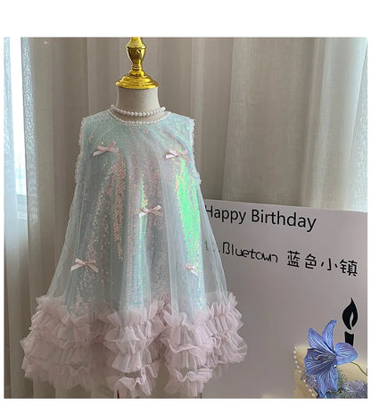 Kids Girls Fairy Princess Dress Sleeveless Bow Sequined Cake Dress Children Puffy Skirt Birthday Party Vest Tulle Dresses