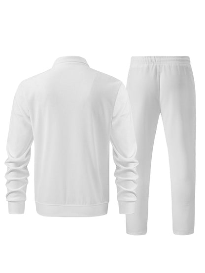 Men's Casual Solid Color Zipper Jacket and Pants Suit - Breathable Polyester Fiber for Spring/Autumn