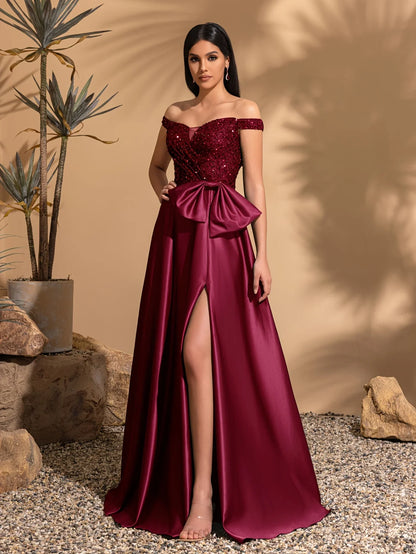 Off-the-shoulder sequined satin elegant dress with bow at waist