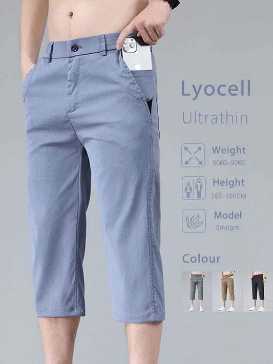 Men's Summer Lyocell Shorts Thin Breathable Comfortable Slim Korean Fashion Short Pants Elastic Waist Casual Vacation Pants