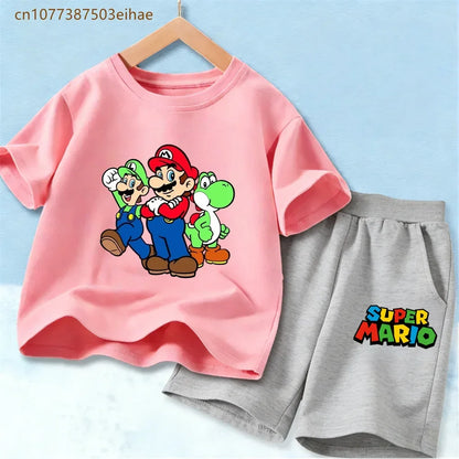 Cute Mario Pattern Children 2 Piece Suits Pure Cotton Short Sleeve Tee Tops + Fashion Shorts Summer Casual Daily Wear