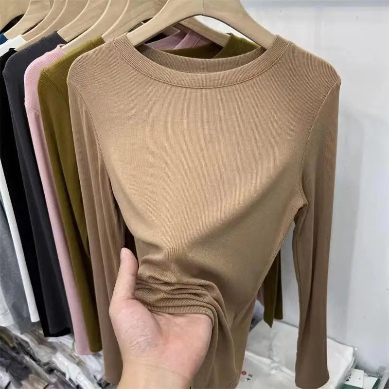 Outono Escritório Senhora Básica Gola Redonda Slim T-Shirt Feminina Cor Sólida Multicor Tendência Versátil Casual Top Manga Longa Elástico Canelado