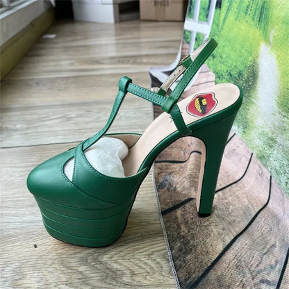 2026 Women's Round Head Sandals Thin Heels 5cm Thick Bottom Slope Heel Fish Mouth Rivet Sandal T-Platform Sandals Size34-43