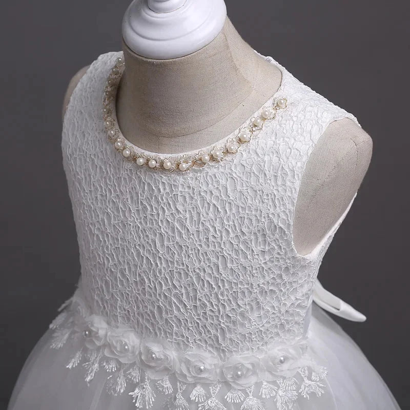 Baby Lace Wedding Dress Flower Girl Sleeveless Pearl Princess Dresses Infant 1st Birthday Party Costume Summer Kids Formal Gown
