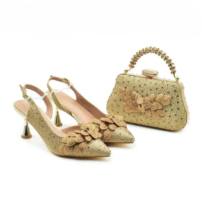 New Arrival Nigerian Women Heel Party Shoes and Bag Set Rhinestone Handbag Italian Design Luxury Wedding Shoes for Bride