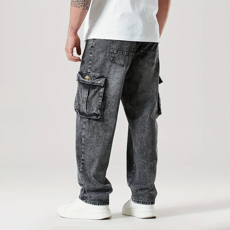 Korean Casual Comfortable Loose Fitting Jeans For Men Large Pocket Jeans Seasons Straight Leg Pants Work Pants