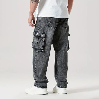 Korean Casual Comfortable Loose Fitting Jeans For Men Large Pocket Jeans Seasons Straight Leg Pants Work Pants