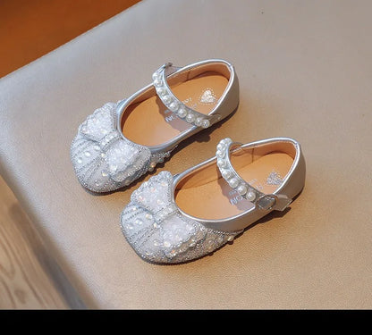 Size 23-34 Silver Bow Cute Princess Flat Shoes for Teenage Girls Casual Low Vamp Student Performance Dance Shoes