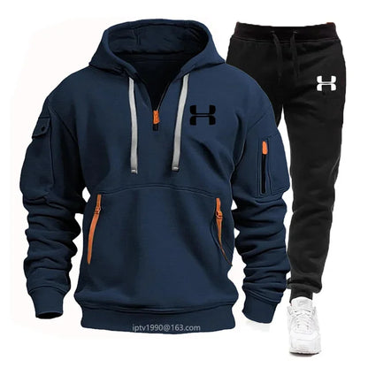 Men new autumn and winter multi-pocket zipper long-sleeved hoodie + sports and leisure pants two-piece fitness jogging suit
