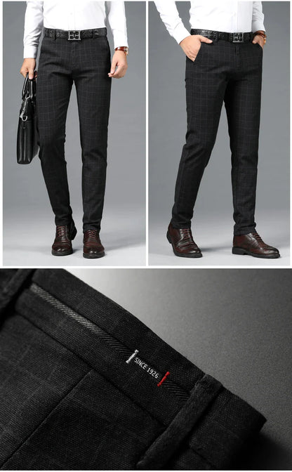 Spring Summer Business Men's Casual Pants Fashion Grid Design Versatile Comfortable Slim Straight Legs Elastic Male Trousers