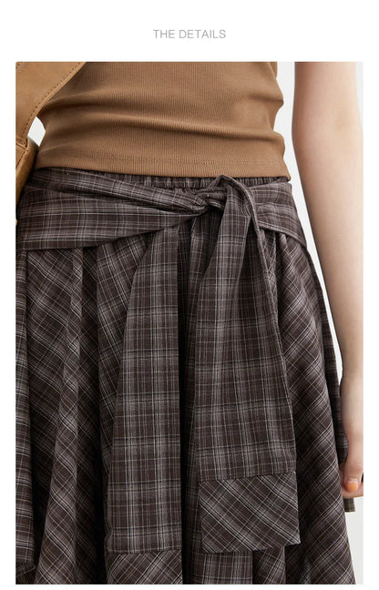 Women Skirts A Line Elastic Waist Strap Ties Irregular Plaid Half Length Skirt Female Short Skirt Woman Summer 2025