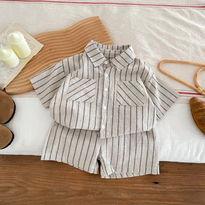 New Summer Korean Style Baby Boys Striped Outfits Cotton Linen Shirts Shorts 2pcs Children Casual Loose Sets