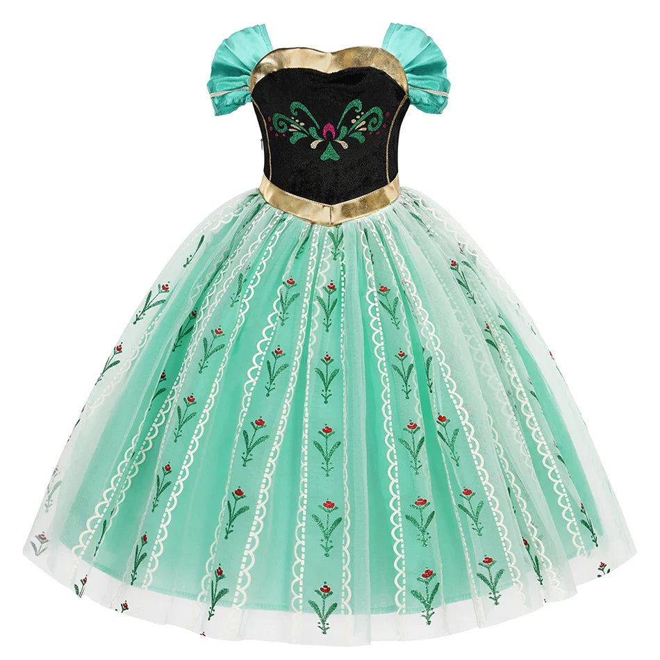 Elsa Anna Dress for Girls Short Sleeve Dress Snow Queen Floral Print Dress Cosplay Birthday Party Children Kids Carnival Clothes