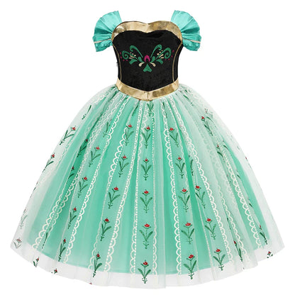 Elsa Anna Dress for Girls Short Sleeve Dress Snow Queen Floral Print Dress Cosplay Birthday Party Children Kids Carnival Clothes