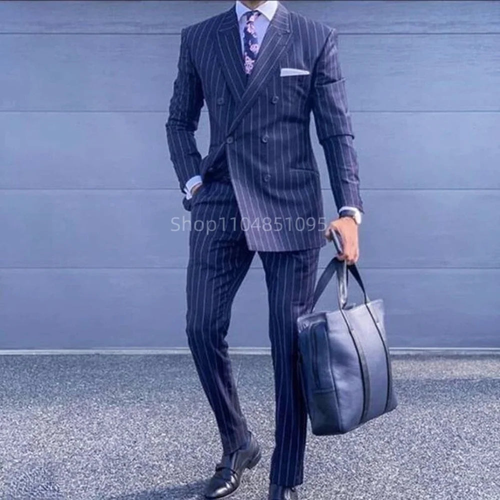 Men's 2-Piece Suit Set Slim Fit Double Breasted Lapel Formal Grey Blue Marine High Quality Jacket And Trousers Ensemble