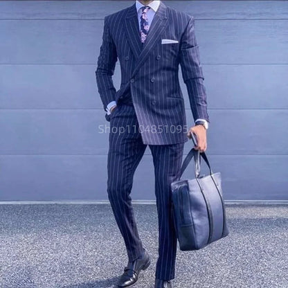 Men's 2-Piece Suit Set Slim Fit Double Breasted Lapel Formal Grey Blue Marine High Quality Jacket And Trousers Ensemble