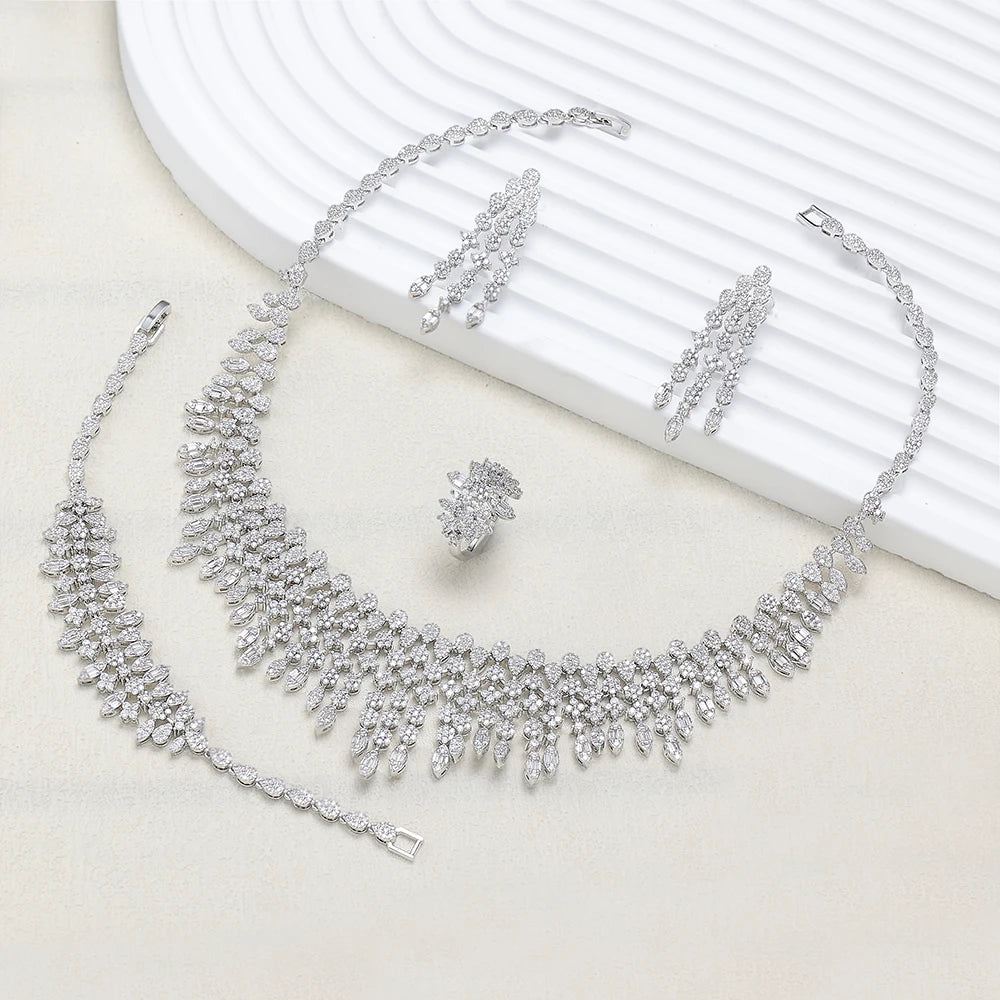 2024 Novo Conjunto Completo de 4 Peças Zircônia para Noiva, Joias Femininas para Festa, Conjunto de Colar de Casamento de Cristal de Luxo Dubai Nigéria CZ
