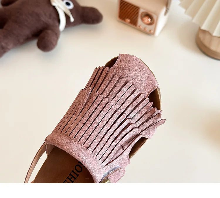 Summer Peep Toe Tassel Children Shoes Girls Sandals Soft Bottom Flat Heel Buckle Girl's Shoes Back Strape Slingbacks Shoe I05285