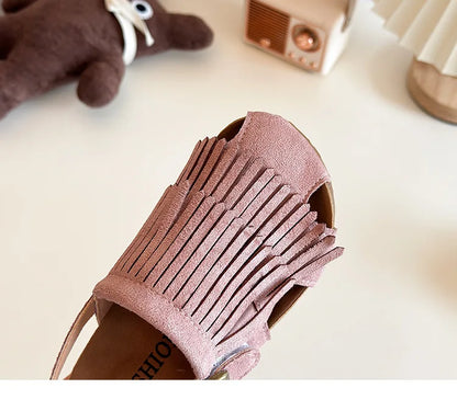 Summer Peep Toe Tassel Children Shoes Girls Sandals Soft Bottom Flat Heel Buckle Girl's Shoes Back Strape Slingbacks Shoe I05285