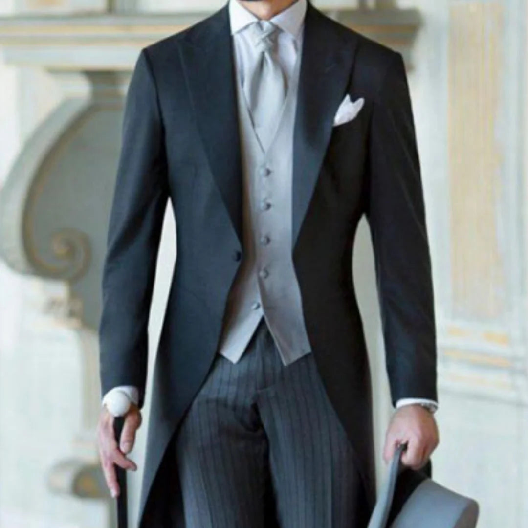Men Suit 3 Pieces Black With Lapel Business Casual Fit Wedding Banquet Work Tuxedos Jacket Silver Vest With Grey Striped Pants