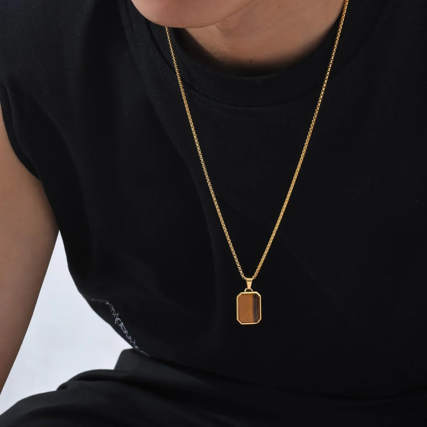 Trendy Pendant Necklaces for Men Boys,Square Natural Stone Stainless Steel Necklaces,Hip Hop Cool Healing Jewelry Gifts