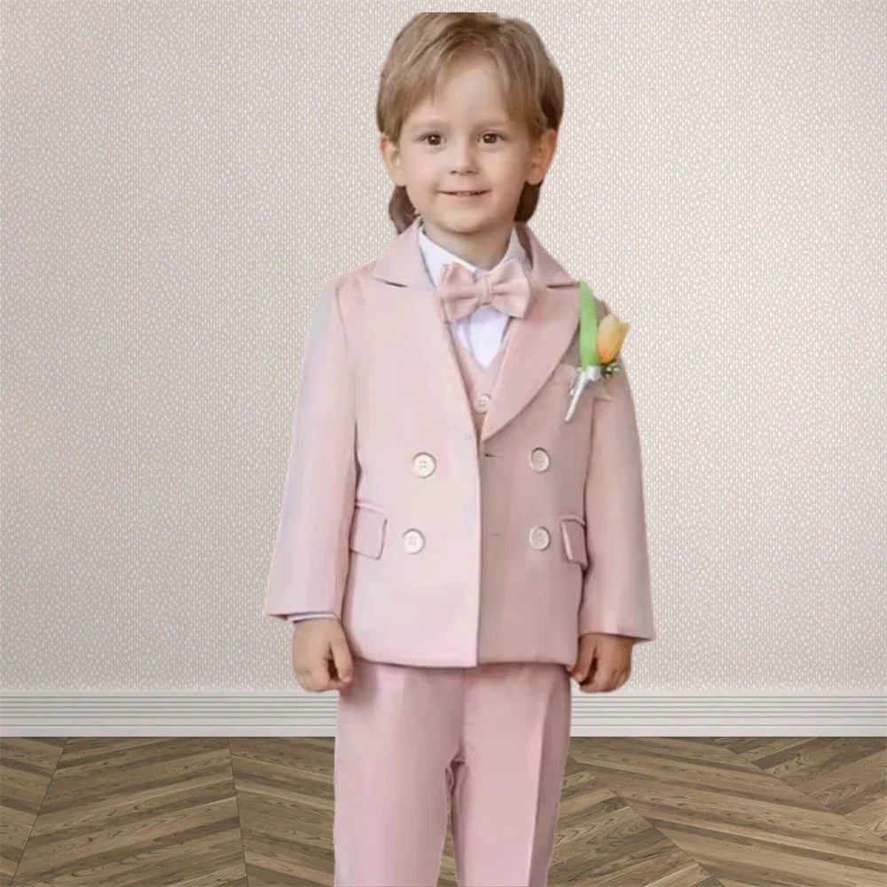 Macaroon Colorful Toddler Suit Set Double Breasted Kids Suits Blazer Pants Bow-tie Brooch Boy's Formal Tuxedo Dresswear